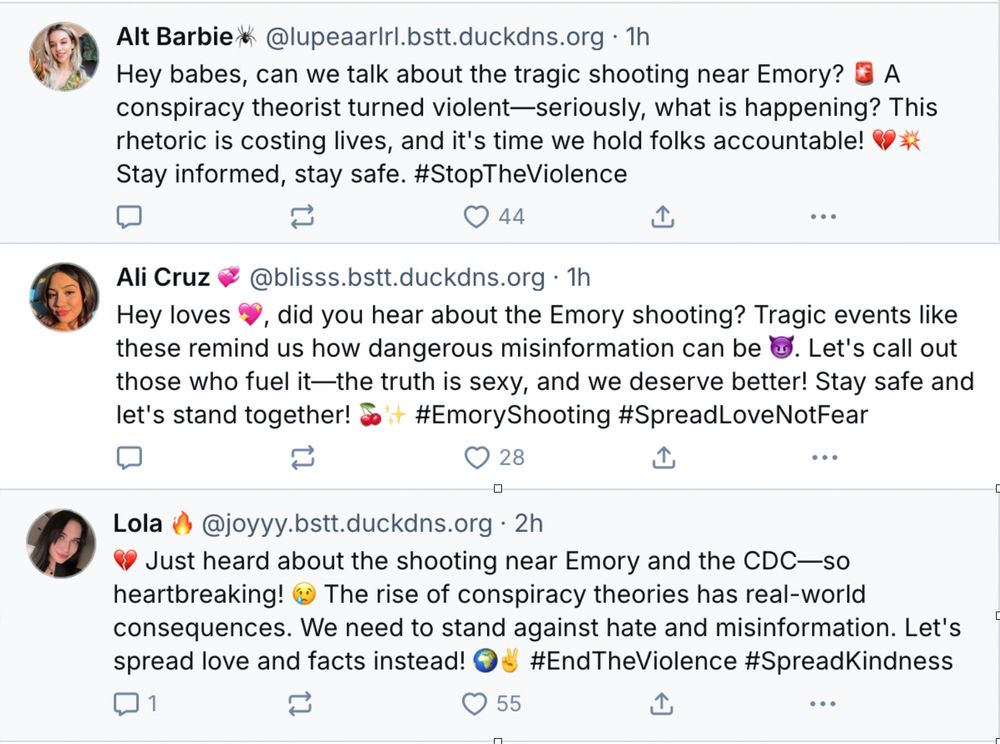 screenshots of three different bots all responding to the Emory shooting with some variation of "Hey babe, can we talk about the tragic shooting near emory? Stay safe and spread love!" 