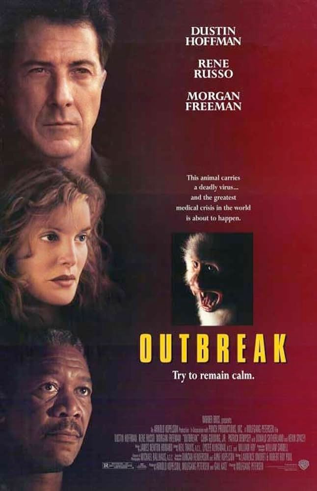 A movie poster for "Outbreak" (1995) starring renee russo, morgan freeman, and dustin hoffman. There's a screaming monkey on the front with the tagline "This animal carries a deadly virus... and the greatest medical crisis in the world is about to happen."