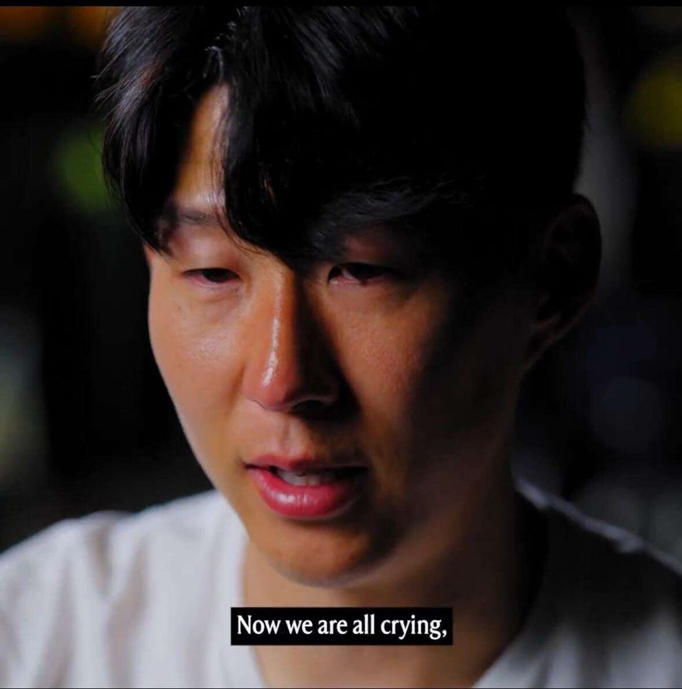 Son Heung-Min from his goodbye video, fighting tears. Caption: Now we are all crying.