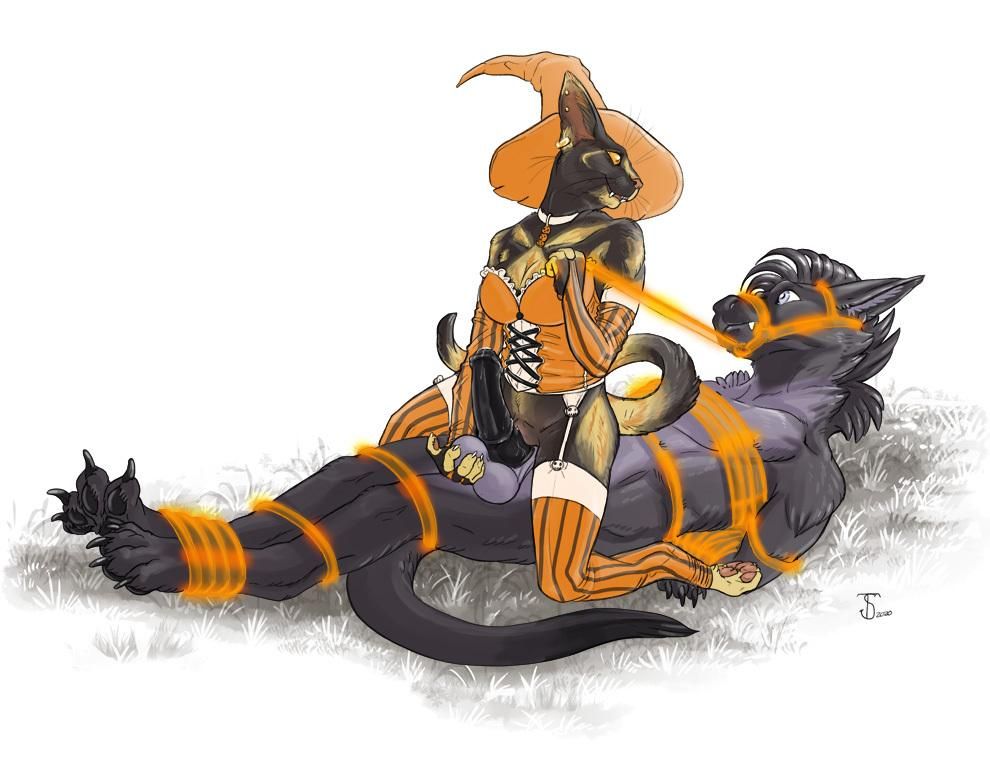 Sovy is on his back and tied up with magical orange rope. A black cat in a sexy orange witch outfit is straddling Sovy while grabbing his balls with one paw. 