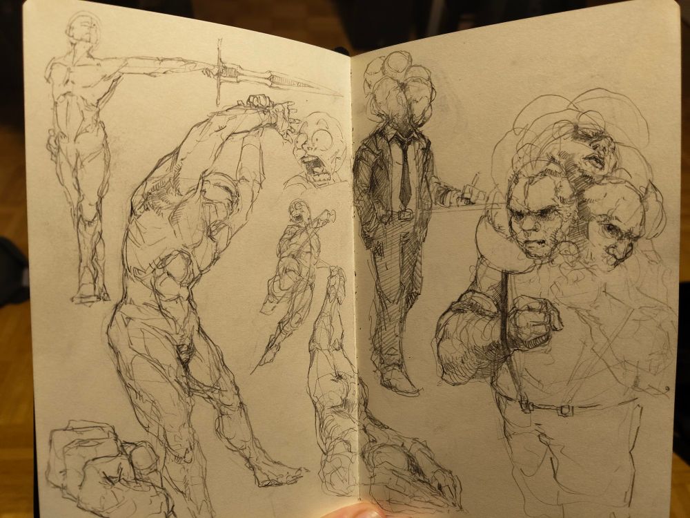two pages of a notebook that show a variety of figure sketches, some naked, some weirdly monstrous