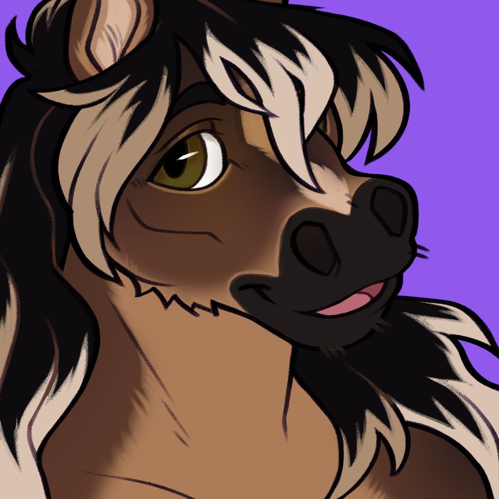 Portrait of an anthro Icelandic horse character. Colors are natural browns and tans with a black mane tipped with platinum blond and a bright purple color for the background. Her eyes are green. Expression is a sweet, open mouth smile.