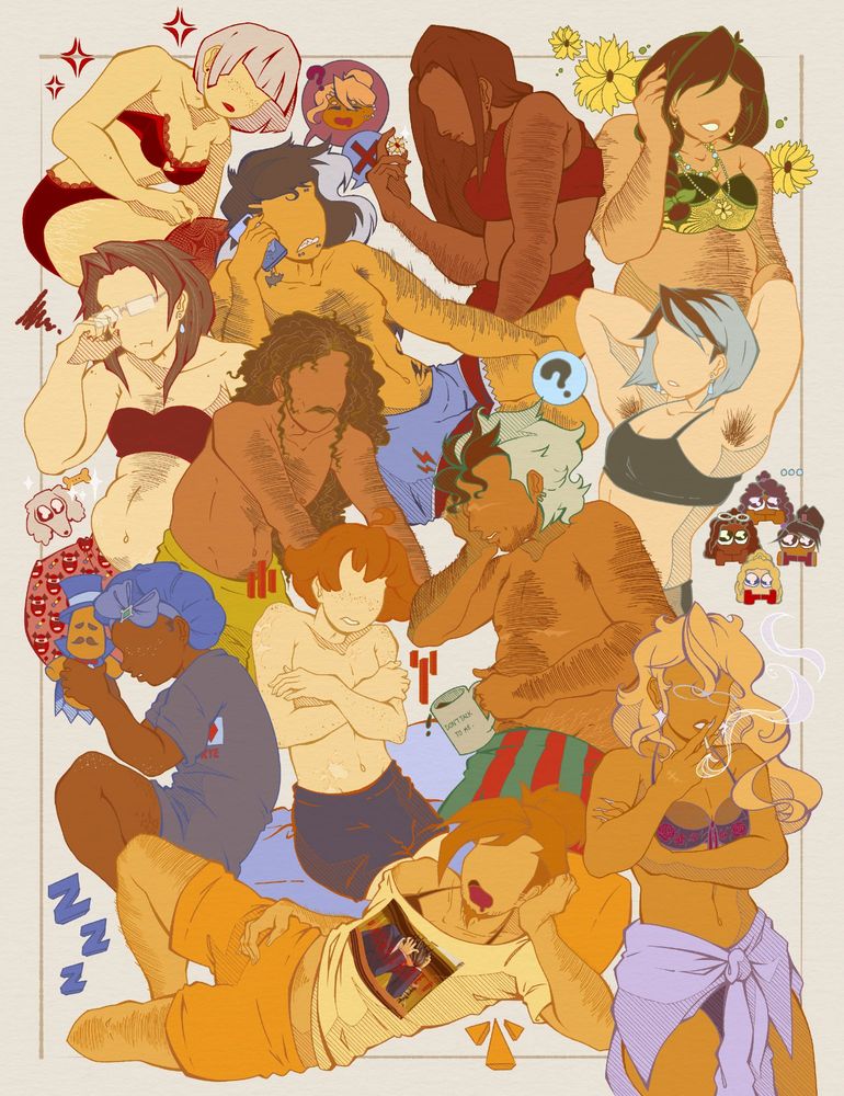 Various characters of Ace Attorney. Left, Shih-na in black and red underwear leans over and pulls on sheer tights. She is drawn with freckles, stretch marks, and lipstick. To the right, Daryan talks on the phone. He is muscled and hairy, with a shark hip tattoo and boxers.  Next, Lana stands in profile as she looks at her badge. She is black, with straightened hair, in red underwear. Juniper shyly tucks a bit of braided hair behind her ear, wearing a lacy green and yellow bra and bead bracelets. She is tan, fat, and hairy. Fat and trans woman Miles Edgeworth rubs her eyes beneath her glasses, grey hair with silver streaks growing out down to her chest. She wears a bra and red Signal Samurai boxers, with stretch marks. Shirtless Valant Gramarye leans over, a black man with loose curly hair, silver streaks and body hair marking his chest and arms. He’s thin, with visible bones. Franziska leans back and raises her muscular arms to reveal armpit hair. She wears a black sports bra and her hair is dyed. Trucy sleeps with a Mister Hat plushie. She is black and freckled, wearing a bonnet and t-shirt. She has thin hair and cellulite. A thin Sebastian shivers as he sits up, wearing only boxers. He has freckles and burn scars. Transmasc Godot stands in profile and clutches his head, holding coffee. He is brown, with muscles and fat stomach, top scars, and stretch marks. His body hair is brown, roots growing in. He wears striped boxers. At the bottom, hairy, transfem Larry lies down with head propped in their hand, loudly snoring. They keep their goatee and tie up their hair, wearing a t-shirt and shorts. In the bottom-right, trans woman Kristoph Gavin smokes a cigarette, blonde hair worn down. She wears earrings and a black lace bra, shirt wrapped around her waist over black underwear.
