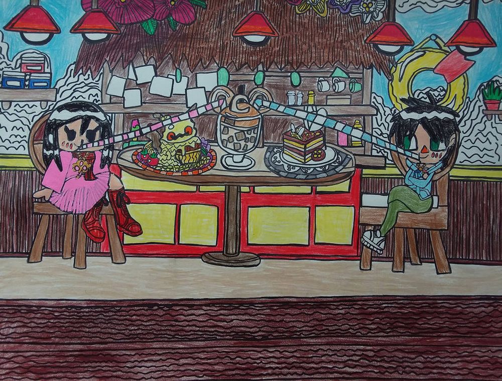 This is a request for Lmayuku for his OCS to be together the names of the OCS and I threw in a mix of wholesome love while sharing an iced coffee at Pokemon cafe.

Shout out goes to Lmayuku for the idea and request and a huge thank for allowing permission to draw the characters credit goes to the user for the OCS.