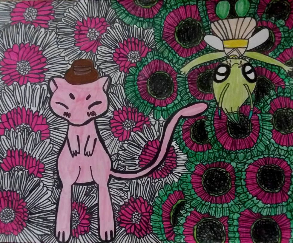 I did make a mistake and I did go overboard with MasterKirby1982's request I looked back what the user wanted and I realized he just wanted Mew with a hat and Celebi with a white dress hugging Mew but since it's finished I cannot throw away my work and since MasterKirby1982 waited so long for his request to be done I figured I would post this piece for the user to see and for making up the trouble and for the wait I hope the user likes it.