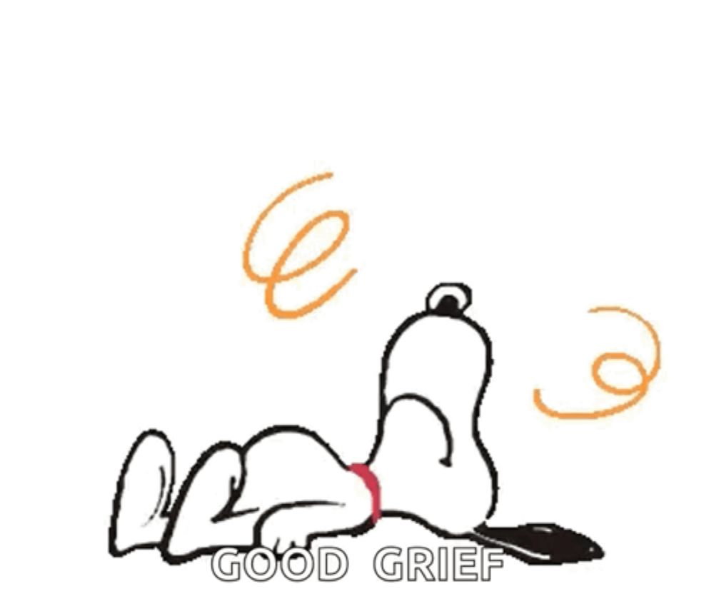 a cartoon of snoopy laying on the ground with the words `` good grief '' written on it .