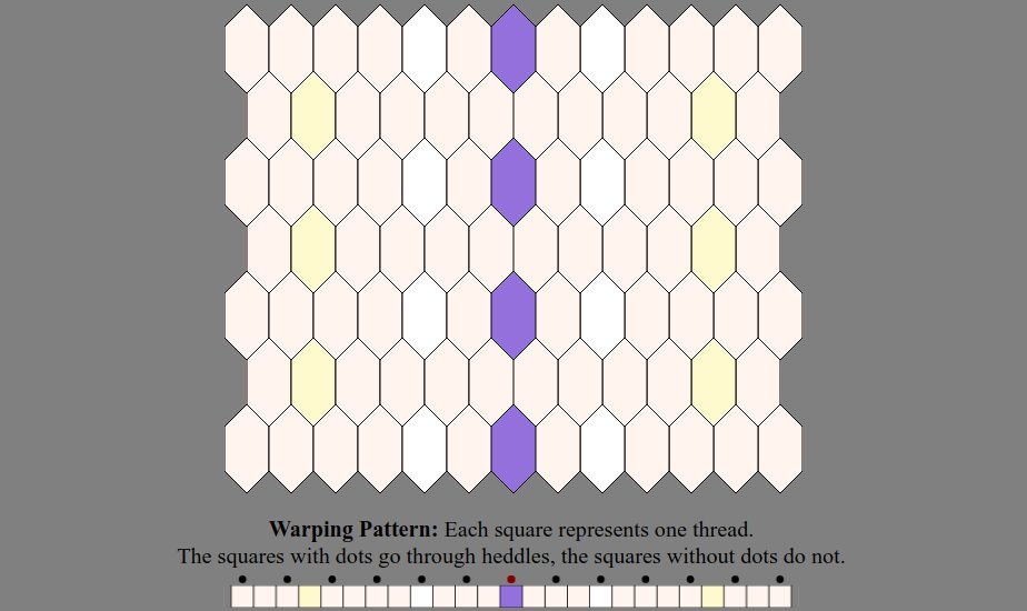 An Inkle weaving diagram and warping pattern in the color sequence listed in the text description: The warping pattern is a line of colored boxes with small dots above every other one, above which it states: "Warping Pattern: Each square represents one thread. The squares with dots go through heddles, the squares without dots do not." The weaving diagram is a series of tessellated lozenge shaped tiles illustrating how the pattern will appear when woven.