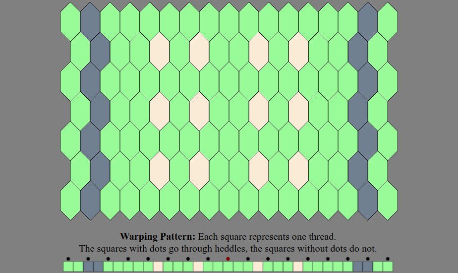 An Inkle weaving diagram and warping pattern in the color sequence listed in the text description: The warping pattern is a line of colored boxes with small dots above every other one, above which it states: "Warping Pattern: Each square represents one thread. The squares with dots go through heddles, the squares without dots do not." The weaving diagram is a series of tessellated lozenge shaped tiles illustrating how the pattern will appear when woven.