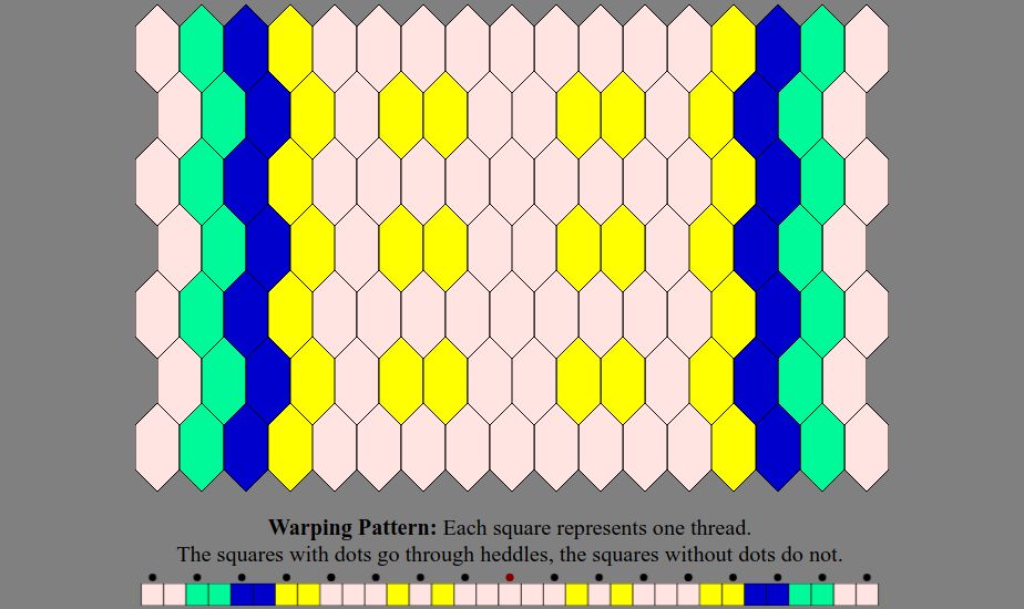 An Inkle weaving diagram and warping pattern in the color sequence listed in the text description: The warping pattern is a line of colored boxes with small dots above every other one, above which it states: "Warping Pattern: Each square represents one thread. The squares with dots go through heddles, the squares without dots do not." The weaving diagram is a series of tessellated lozenge shaped tiles illustrating how the pattern will appear when woven.