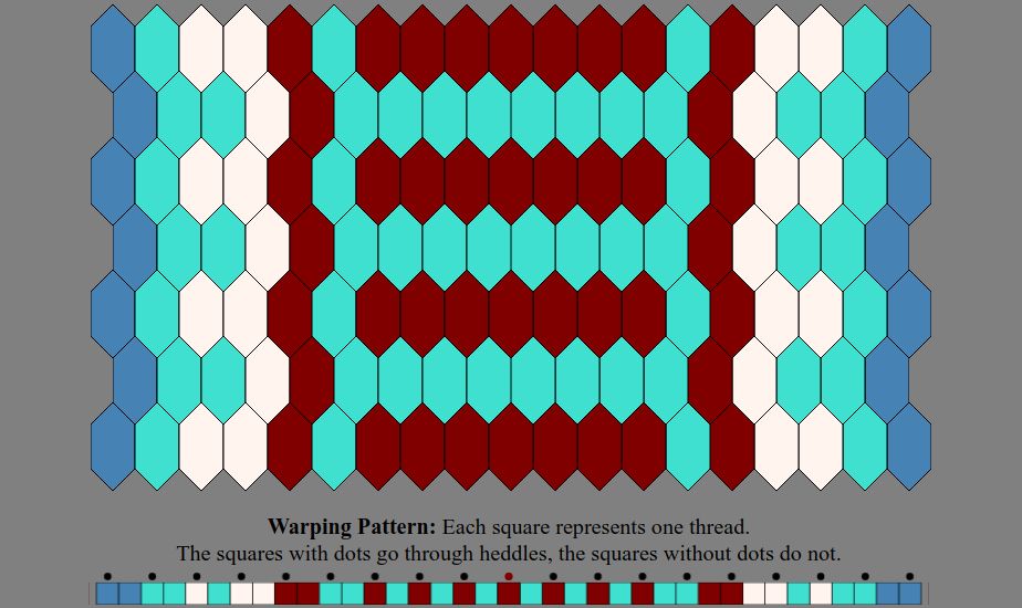 An Inkle weaving diagram and warping pattern in the color sequence listed in the text description: The warping pattern is a line of colored boxes with small dots above every other one, above which it states: "Warping Pattern: Each square represents one thread. The squares with dots go through heddles, the squares without dots do not." The weaving diagram is a series of tessellated lozenge shaped tiles illustrating how the pattern will appear when woven.