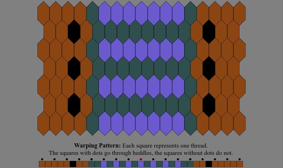 An Inkle weaving diagram and warping pattern in the color sequence listed in the text description: The warping pattern is a line of colored boxes with small dots above every other one, above which it states: "Warping Pattern: Each square represents one thread. The squares with dots go through heddles, the squares without dots do not." The weaving diagram is a series of tessellated lozenge shaped tiles illustrating how the pattern will appear when woven.