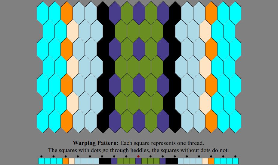 An Inkle weaving diagram and warping pattern in the color sequence listed in the text description: The warping pattern is a line of colored boxes with small dots above every other one, above which it states: "Warping Pattern: Each square represents one thread. The squares with dots go through heddles, the squares without dots do not." The weaving diagram is a series of tessellated lozenge shaped tiles illustrating how the pattern will appear when woven.