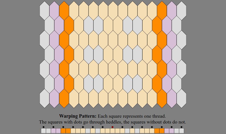 An Inkle weaving diagram and warping pattern in the color sequence listed in the text description: The warping pattern is a line of colored boxes with small dots above every other one, above which it states: "Warping Pattern: Each square represents one thread. The squares with dots go through heddles, the squares without dots do not." The weaving diagram is a series of tessellated lozenge shaped tiles illustrating how the pattern will appear when woven.