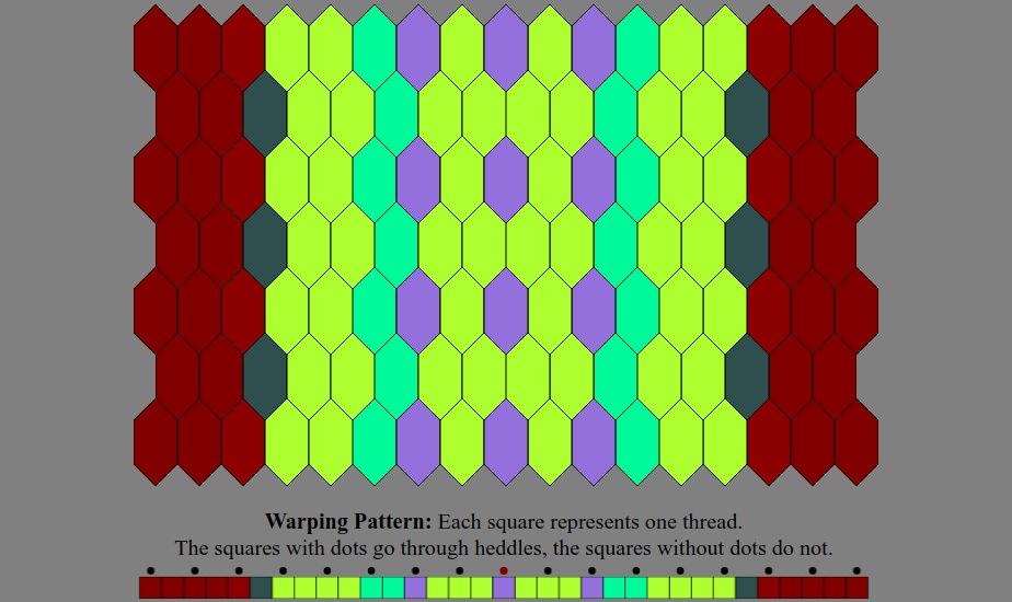 An Inkle weaving diagram and warping pattern in the color sequence listed in the text description: The warping pattern is a line of colored boxes with small dots above every other one, above which it states: "Warping Pattern: Each square represents one thread. The squares with dots go through heddles, the squares without dots do not." The weaving diagram is a series of tessellated lozenge shaped tiles illustrating how the pattern will appear when woven.
