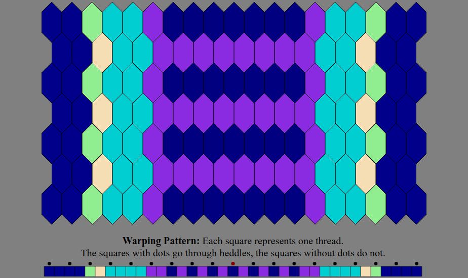 An Inkle weaving diagram and warping pattern in the color sequence listed in the text description: The warping pattern is a line of colored boxes with small dots above every other one, above which it states: "Warping Pattern: Each square represents one thread. The squares with dots go through heddles, the squares without dots do not." The weaving diagram is a series of tessellated lozenge shaped tiles illustrating how the pattern will appear when woven.