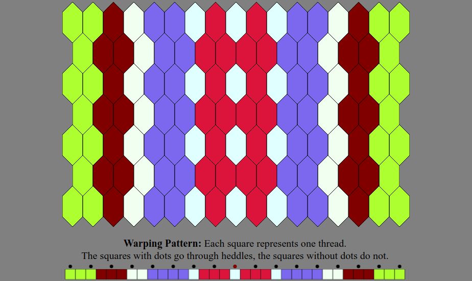 An Inkle weaving diagram and warping pattern in the color sequence listed in the text description: The warping pattern is a line of colored boxes with small dots above every other one, above which it states: "Warping Pattern: Each square represents one thread. The squares with dots go through heddles, the squares without dots do not." The weaving diagram is a series of tessellated lozenge shaped tiles illustrating how the pattern will appear when woven.