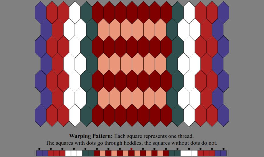 An Inkle weaving diagram and warping pattern in the color sequence listed in the text description: The warping pattern is a line of colored boxes with small dots above every other one, above which it states: "Warping Pattern: Each square represents one thread. The squares with dots go through heddles, the squares without dots do not." The weaving diagram is a series of tessellated lozenge shaped tiles illustrating how the pattern will appear when woven.