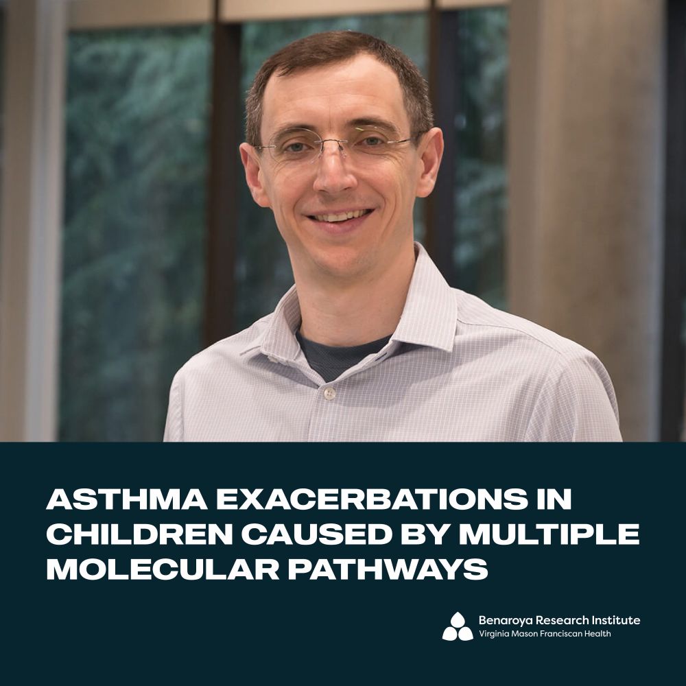 Image of BRI’s Matthew C. Altman, MD, MPhil; headline reads: “Asthma Exacerbations in Children Caused by Multiple Molecular Pathways”
