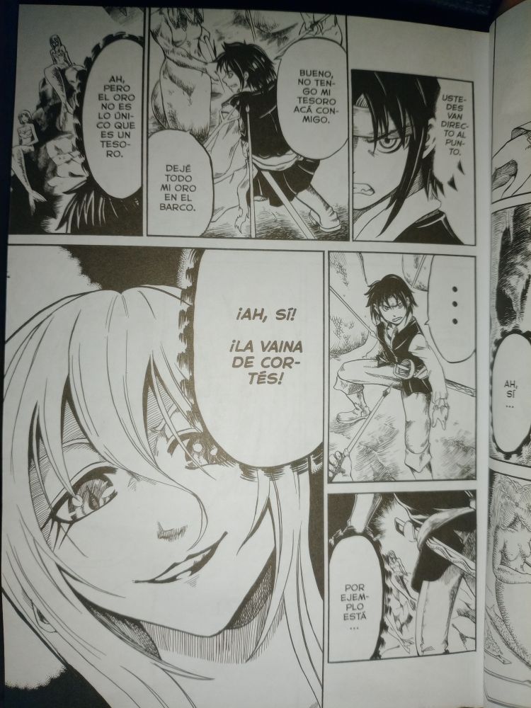 Jack then points out how his treasure isn't with him right now. But the leader points out the sleeve of Cortés's sword.