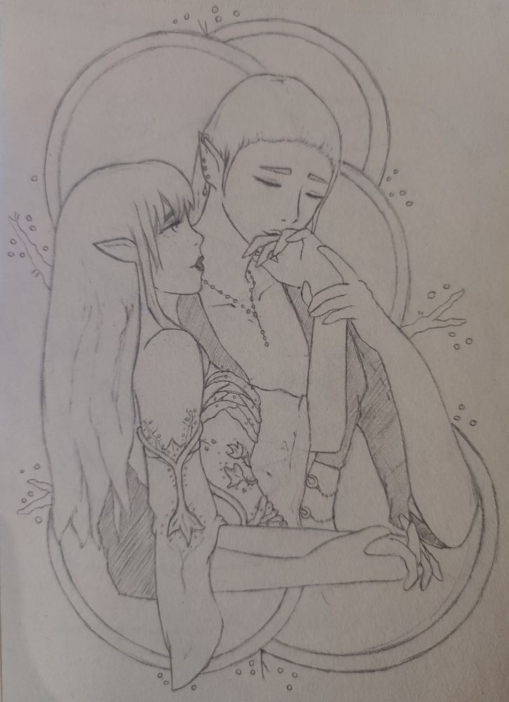 Una pareja de elfos, él besándole las manos