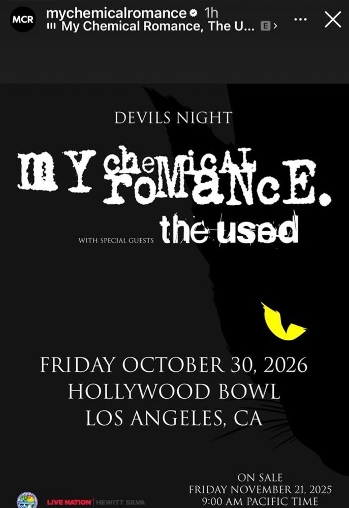screenshot of MCR post announcing a show with The Used opening