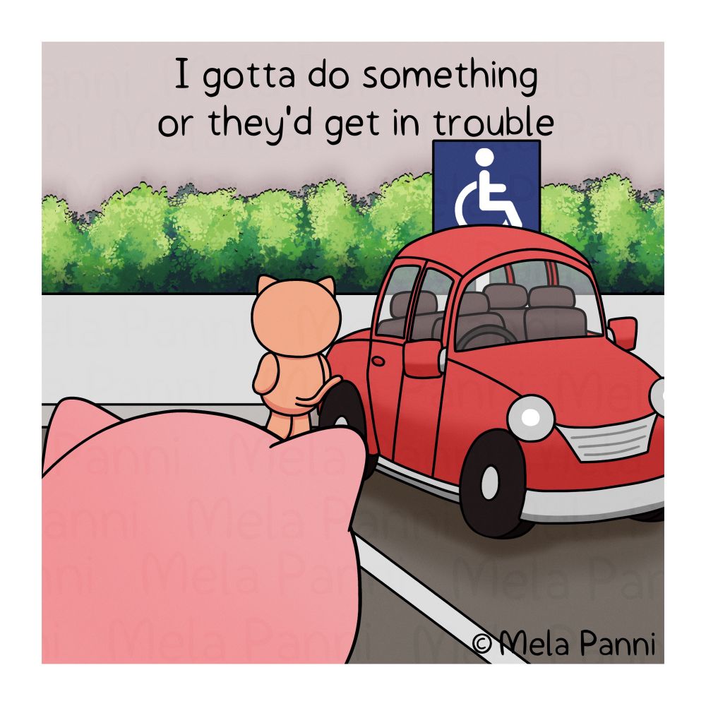 The comic shows Puidaeng noticing a cat that doesn’t seem to have a disability parking permit parking at a disability parking space. Out of thoughtfulness, she helps them obtain a permit by making them disabled enough. 