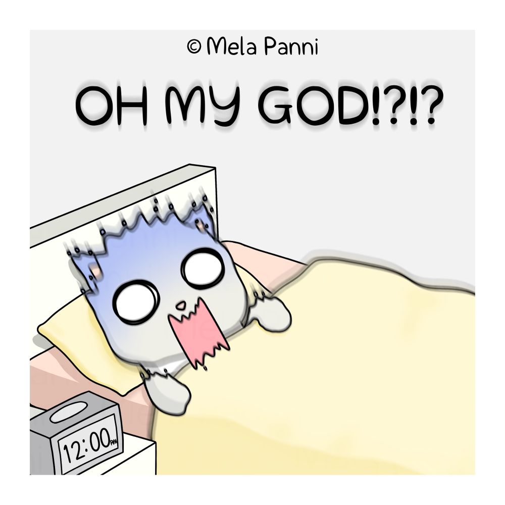 The comic shows Puifai snoozing the alarm at 7am hoping to get five more  minutes of sleep only to wake up at 12pm.