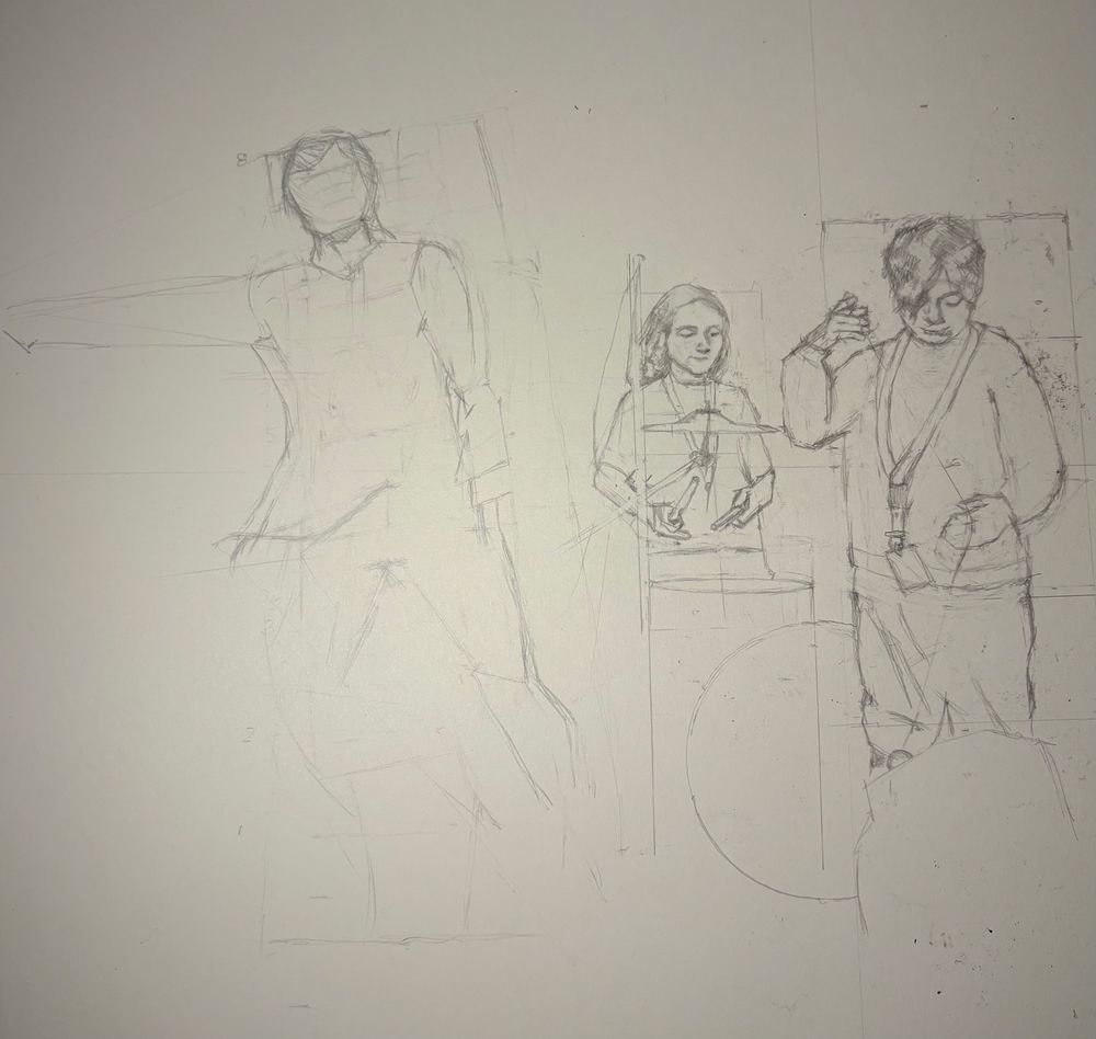 Process pic of WIP. Starting the value study before transfer for a 16x20 oil painting. The drawing will be that same size 

Description - from L to R. The guitar player, a girl sits at the drums preparing to hit a tom, and a boy does yo-yo tricks. 