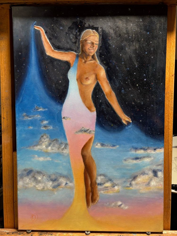 Oil on linen 24x36. The figure Day lifts up the daylight into the night. The figure is a semi-nude in a classical pose with an expression of benevolence. 

The picture itself is a bit warmer than real life. 