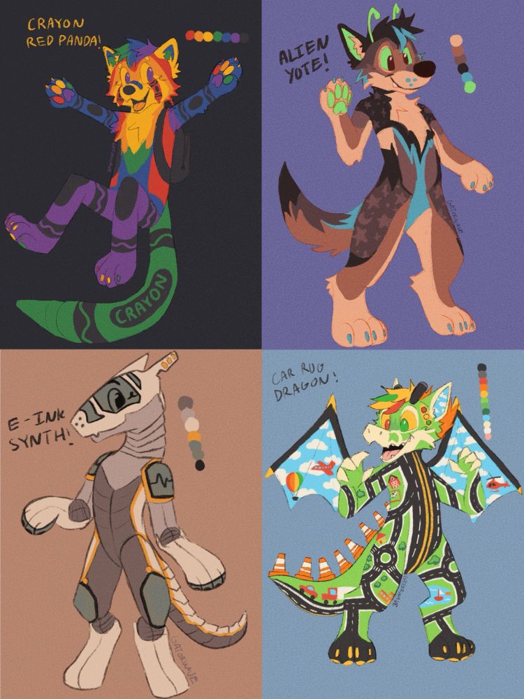 Collage of four furry designs: a crayon red panda, an alien coyote, an e-ink synth, and a car rug dragon.
