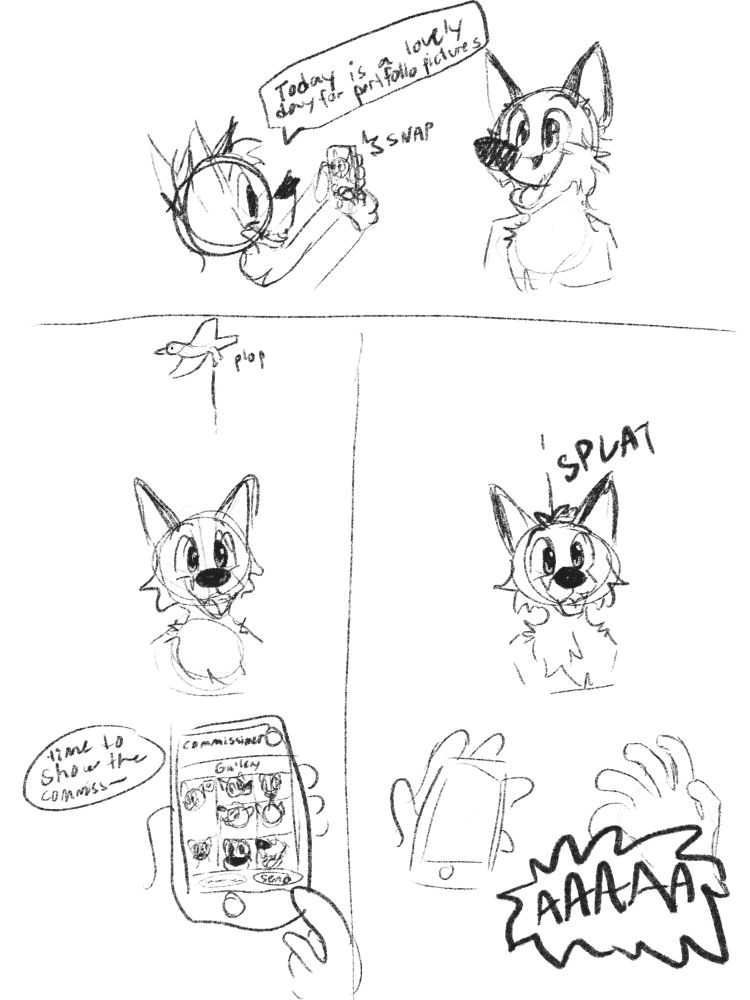 Black and white furry comic. I am snapping photos of a finished fursuit head while saying “today is a great day for portfolio pictures”. I am about to send the photos to the commissioner when a bird poops on the fursuit head and I scream.