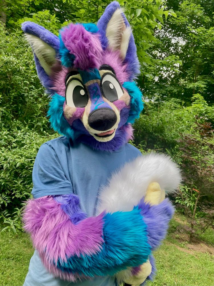 Photo of a brightly colored toony poptart wolf partial fursuit hugging their tail