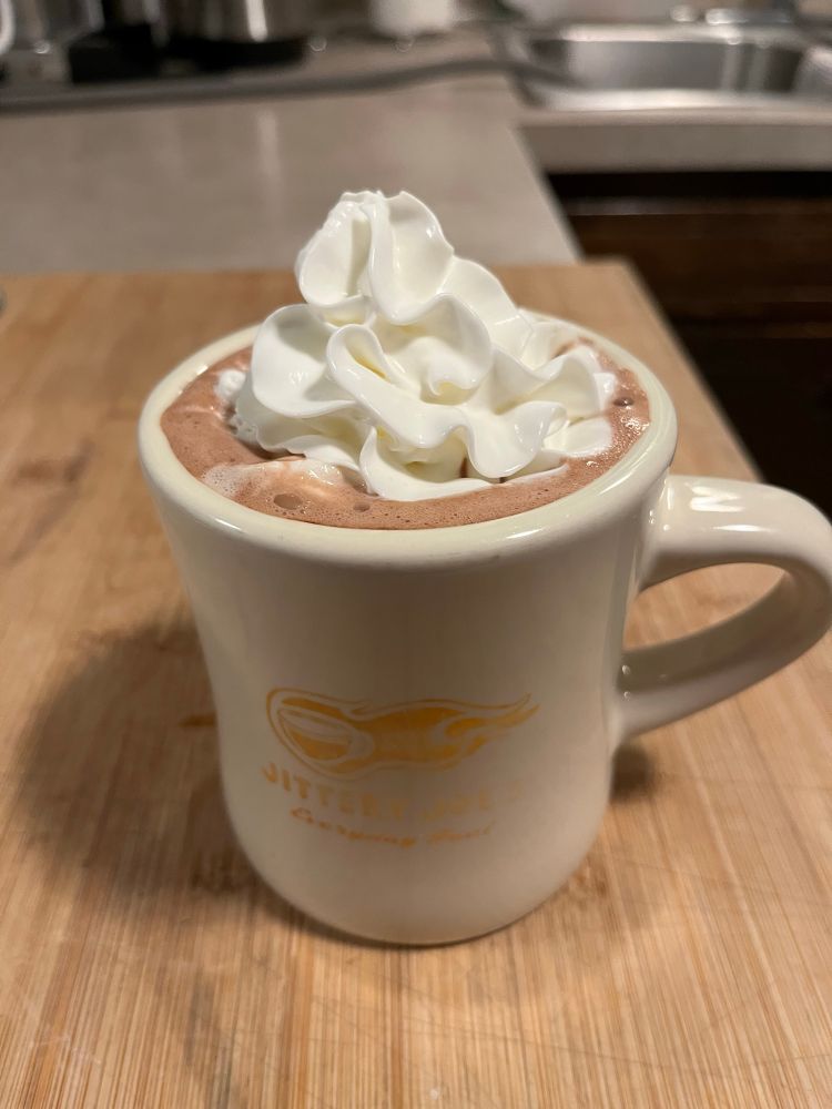 A cup of hot cocoa topped with whipped cream. 