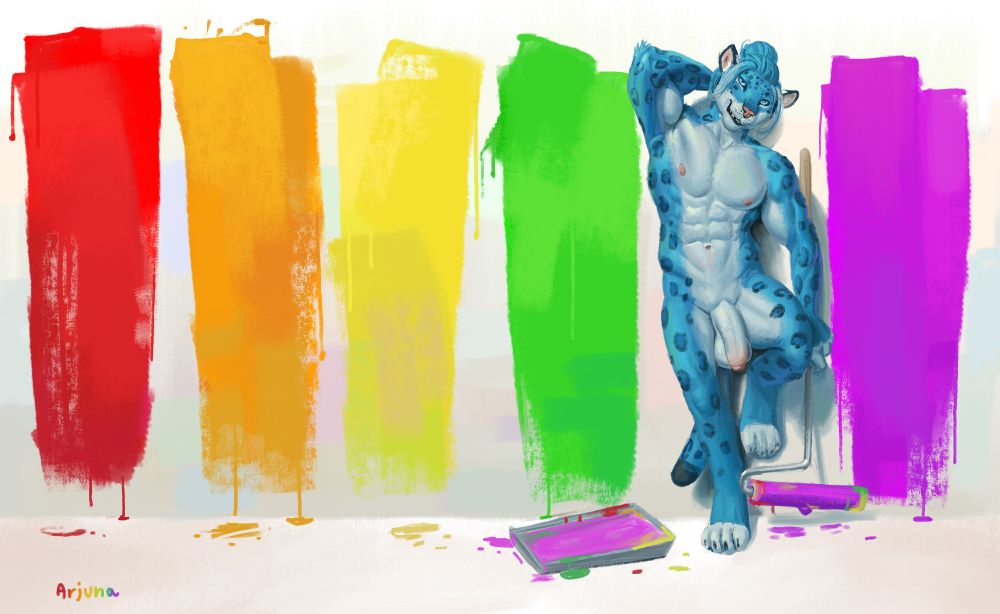 Naked well endowed blue furry panther becomes part of a pride display