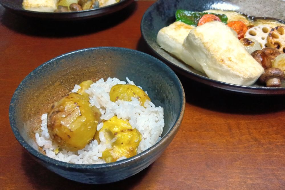 栗ごはん
豆腐ステーキ、グリル野菜