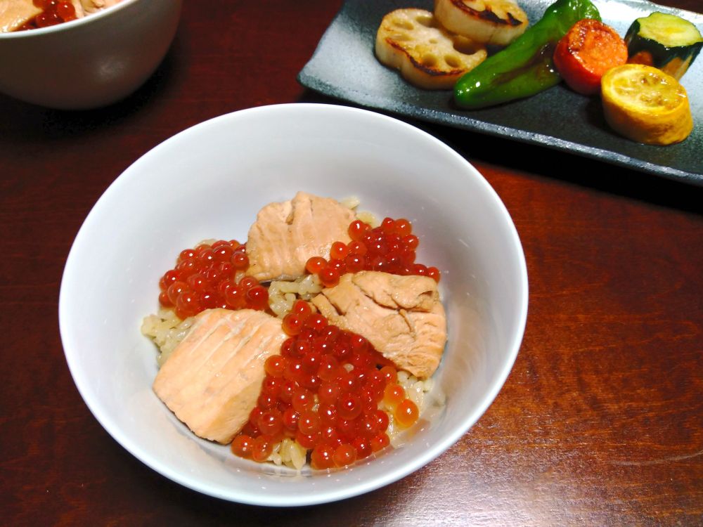 はらこ飯と野菜ソテー（蓮根、甘長唐辛子、人参、ズッキーニ）