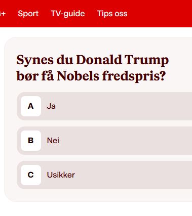 VG-nettavstemning spør leserne "Synes du Donald Trump bør få Nobels fredspris"?