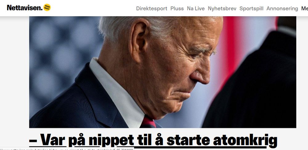 Bilde av Joe Biden over overskriften - Var på nippet til å starte atomkrig 