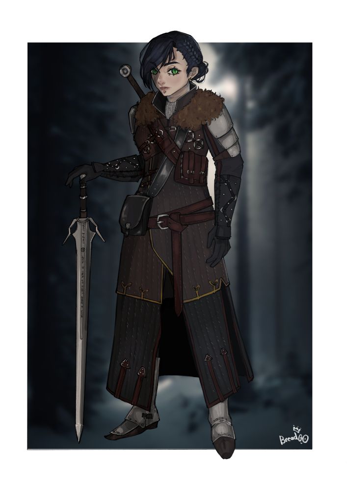 Digital art. A light-skinned, dark-haired woman with green eyes and catlike pupils wearing a long armored coat with fur lining around the shoulders and belts across her chest and hips. She is holding a sword, which is pointed at the ground, and has another one on her back. The background is a blurred photo of a wintery forest scene. The image is signed by the artist, "Bread" in the lower-right.