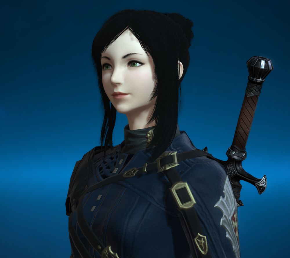 Screenshot from Final Fantasy XIV. A light-skinned human (hyur midlander) woman with green eyes looks away from the camera. She has black hair in a bun with bangs swept to the side. She is wearing a blue long-sleeved tunic cris-crossed with belts. She a visible swords on her back. The background is a blue gradient.