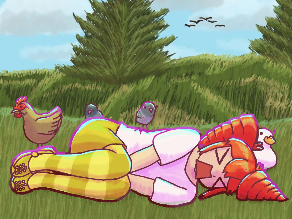Artwork of Kasane Teto in her outfit from the Birdbrain music video, including her wearing a white t shirt, yellow shorts, yellow leggings, and yellow crocs. She is laying on the ground, screaming and holding tight to her junk due to some unknown injury. The background is grassy with trees and a blue sky, and Teto is surrounded by birds, including a chicken, a duck, and two round pigeons.
