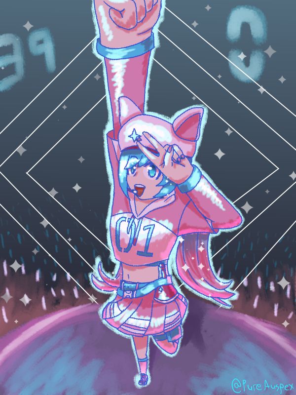 Fanart of Hatsune Miku in her Neko Miku outfit from Fortnite. The camera is positioned at a high angle above her, and she is striking an energetic pose with one fist pumped in the air and the other hand flashing a peace sign across her face. She is on stage, with a crowd of adoring fans waving their glowsticks.
