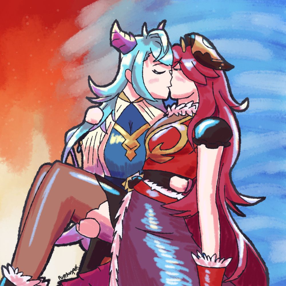 Mercury and Mym from Dragalia Lost. Mercury is holding Mym in a bridal carry, and the two are kissing. The background features fire and water patterns
