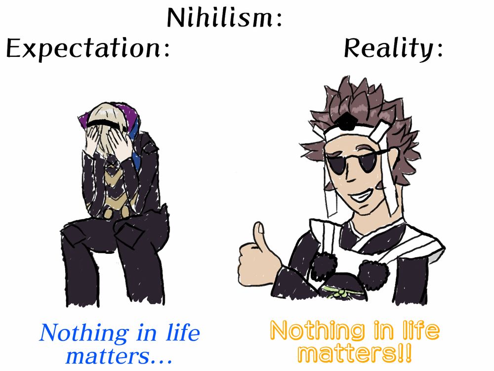 Leo and Azama experiencing Nihilism in different ways. Both are saying "Nothing in Life Matters", with Leo seeming to be having a crisis but Azama having sunglasses and a smug look on his face while flashing a thumbs up. Sketchy art from 2020