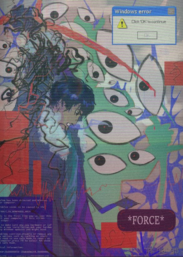 Fade from Downhill wielding a blood red sword. A blue coat with white fur adorning the rims of her cuffs and neck, a green shirt, and black hair. Raising the sword then bringing it down with blue splatters. Eyes pointing towards her, and error codes around. A vitals monitor bounces up and down before flat lining and being revived. 