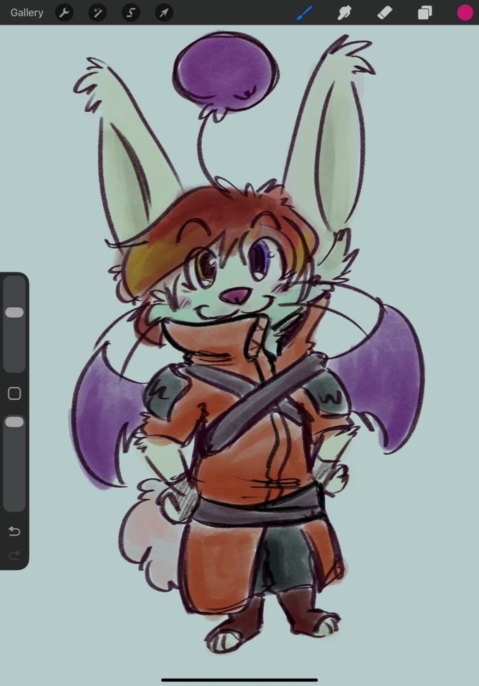 A digital sketch of a Moogle dressed in a red trench coat, she is smiling at the viewer.