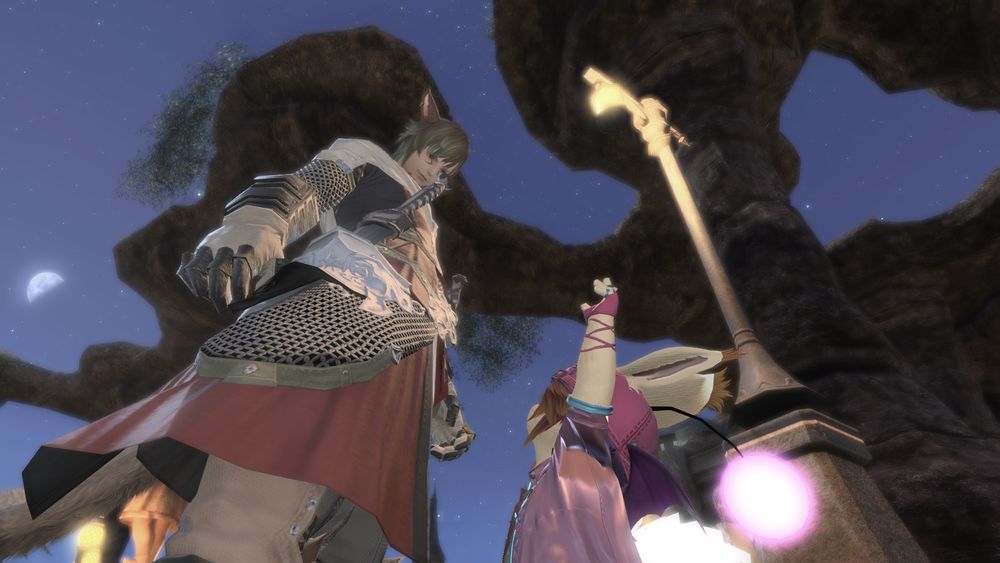 A screenshot from Final Fantasy 14. A Low angled shot of a Moogle demanding uppies from a Miqo'te 