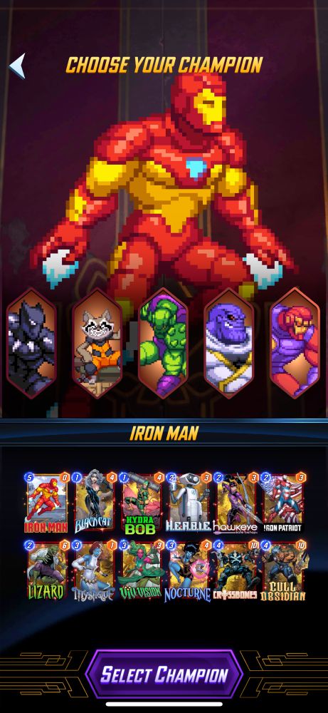 Grand arena character choice featuring character art from Marvel Cosmic Invasion