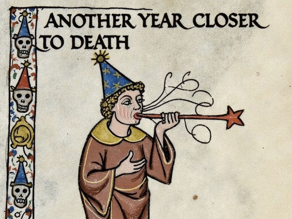 An AI generated image with a Medieval theme with text at the top saying "another year closer to death", and in the middle a person wearing a party hat blowing some kind of thin horn which is star shaped on the end. There's also some decoration down the left side with skulls on it
