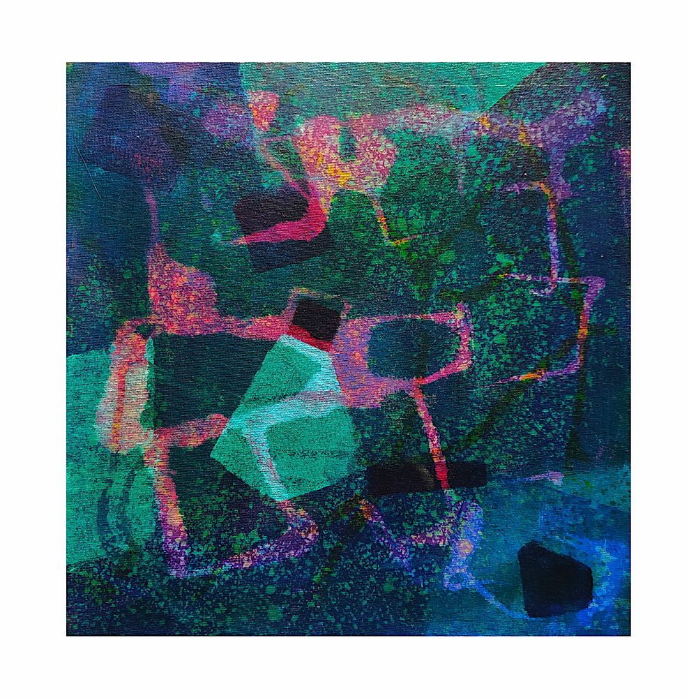 Square format abstract inspired by a section through a metamorphic-type rock. The base layer contains viridian green, overlaid with purple, but with lighter almost pink angular strands that appear to float above and at time be sandwiched between rock layers. Square and hexagonal purple shapes form a stepping-stone-like progression across one of the diagonals. The lower right contains an idiosyncratic blue strand surrounding a particularly dark purple patch.
